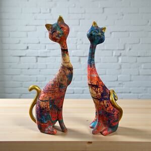 2 colorful Whimsical Resin Cat Statues Modern Decor Splatter Paint Figurines